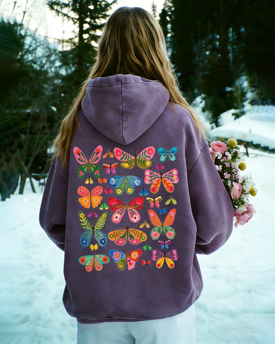 Colorful Buterfully Double Sided Washed Hoodie